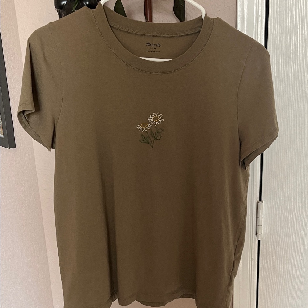 Madewell Olive Custom Floral Embroidered Tee